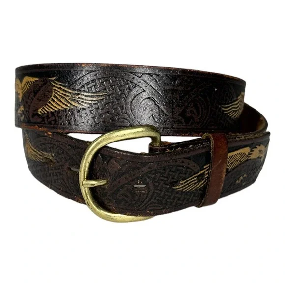 Wrangler Eagle Tooled Leather Belt Brown 38 Western Nature Boho Gorpcore Granola - Picture 1 of 5
